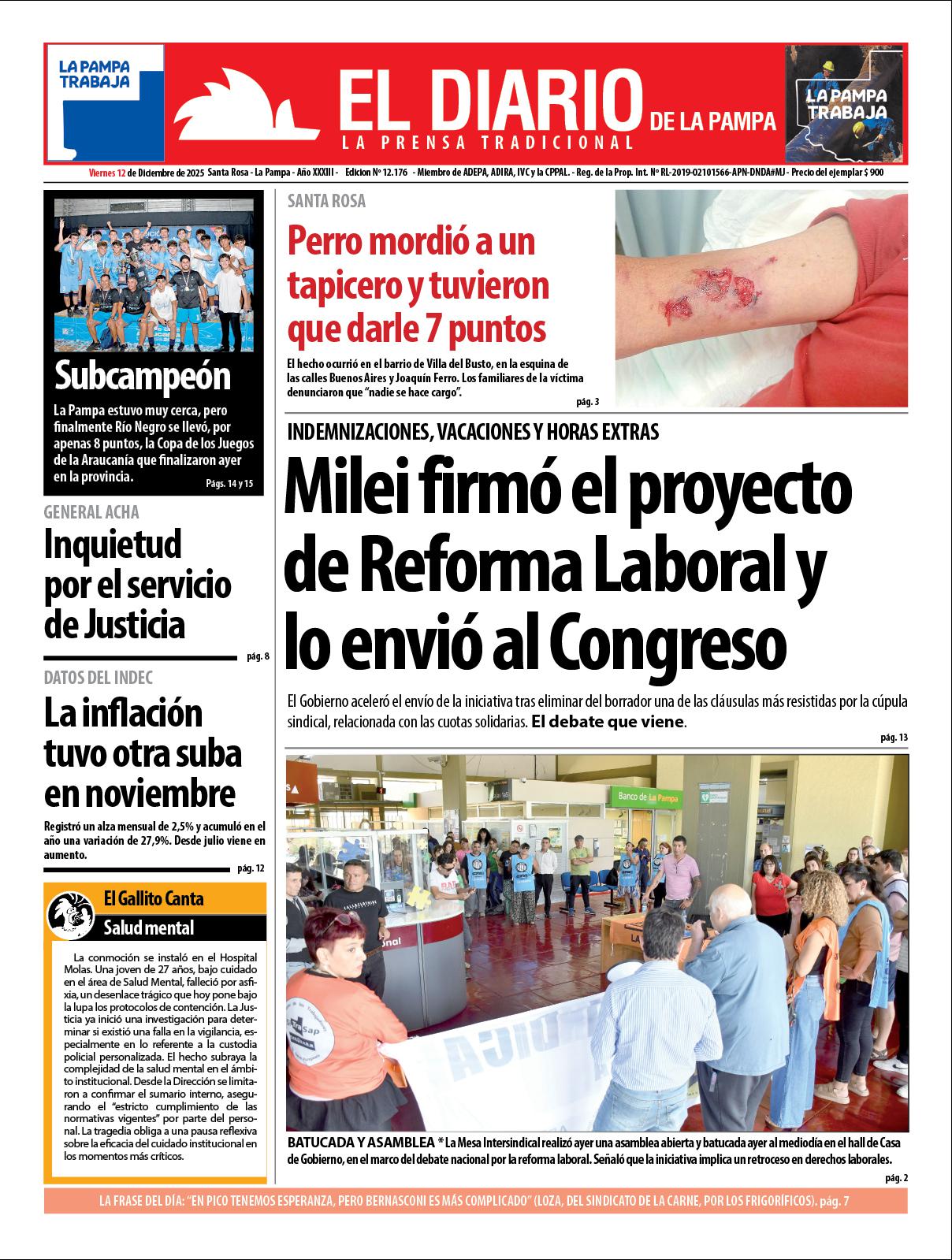 Tapa de El Diario en papel  viernes 12 de diciembre de 2025